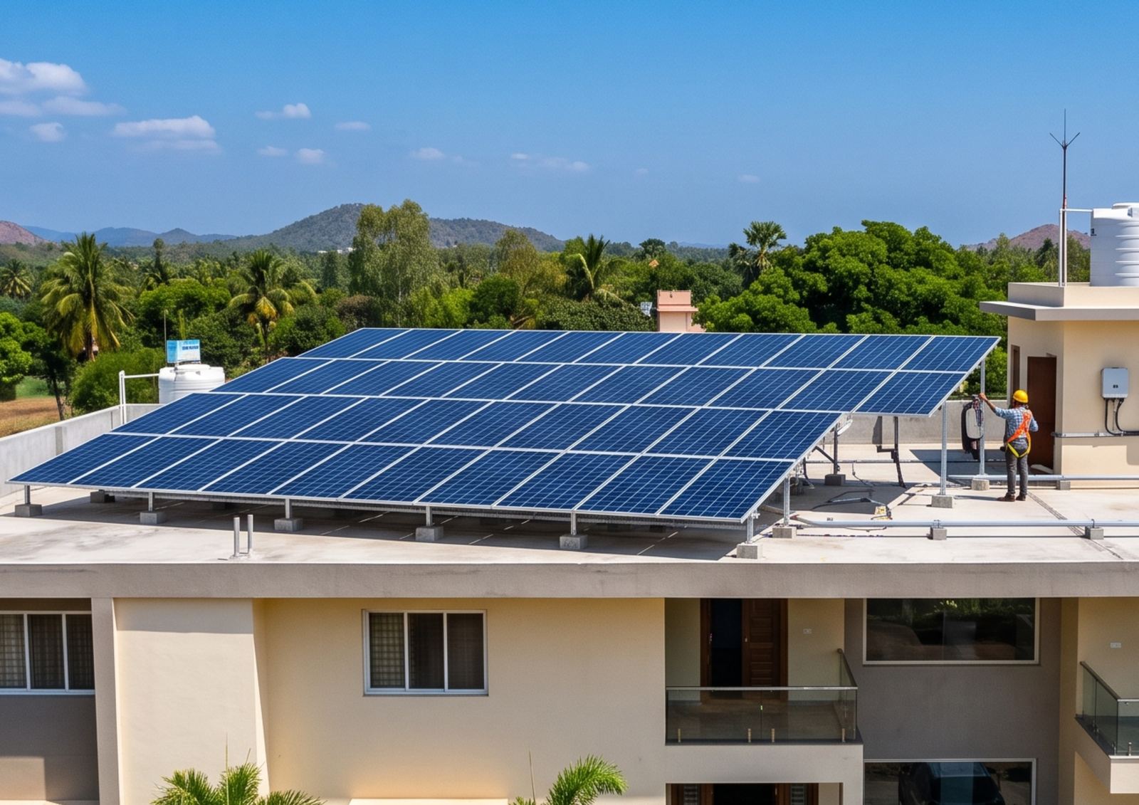 Rooftop solar panels being installed on a terrace