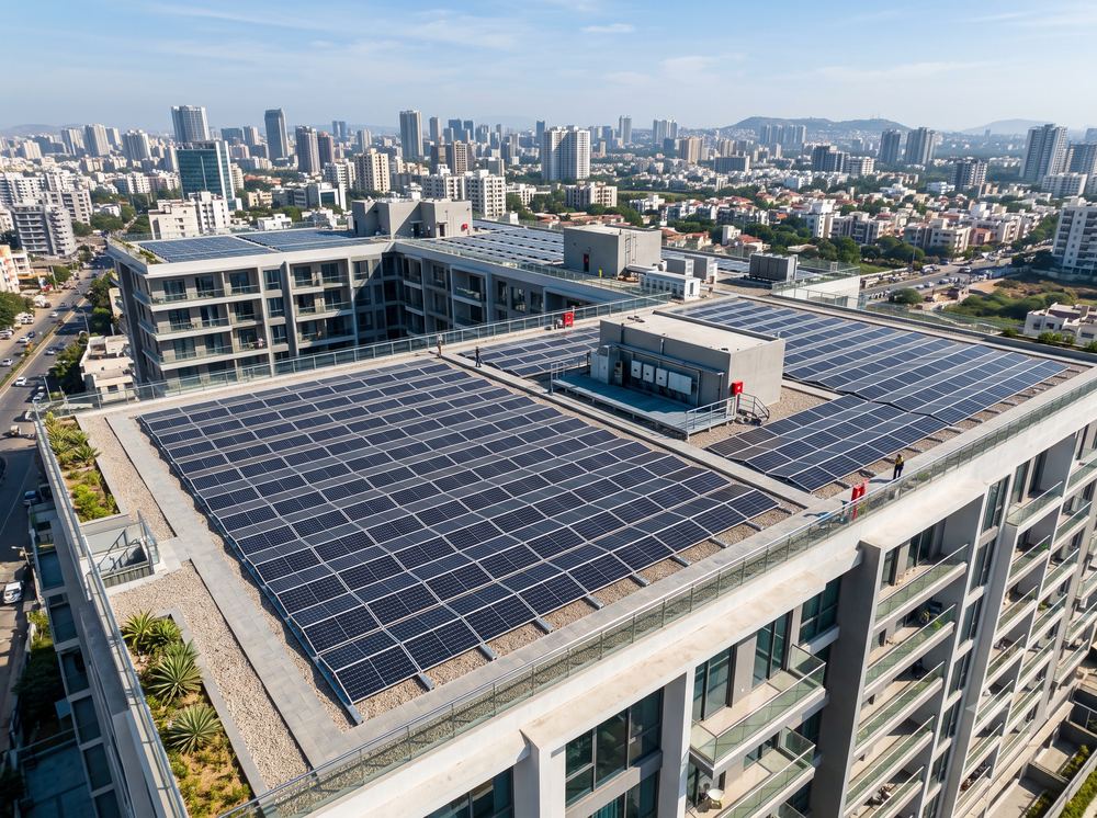 Large rooftop solar array on an apartment complex