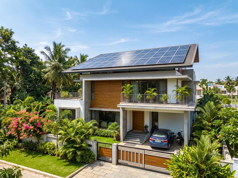 Rooftop solar panels on an independent house